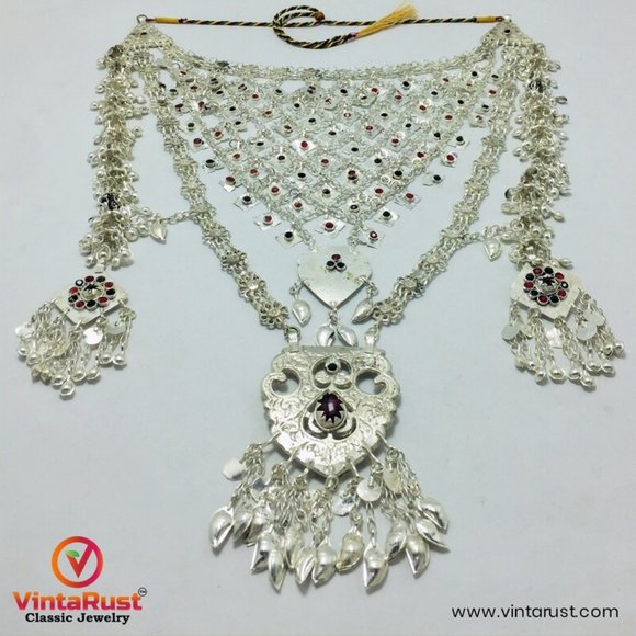 Massive Silver Kuchi Bib Necklace, Tribal Bib Necklace With Dangling Tassels - Picture 7 of 9